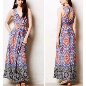 Anthropologie Mauve Silk Paisley Sleeveless Maxi Dress Blue Orange Whimsy Boho 0